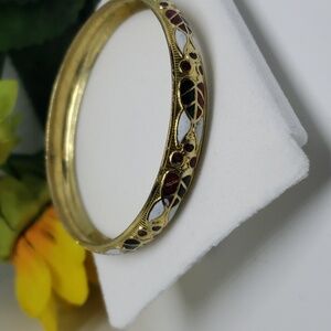 Gold Color Bangle Painted Leaf Design Green Red-brown White Vintage
